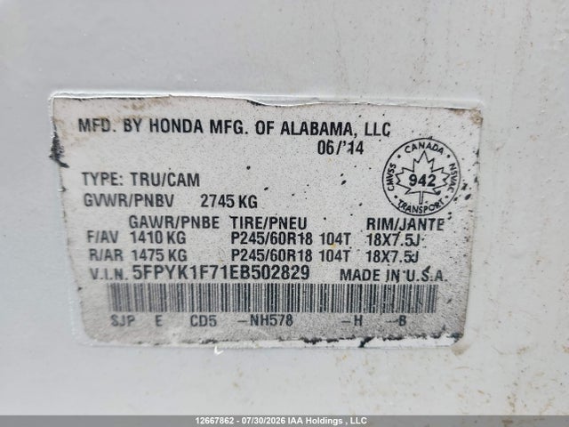 Honda Ridgeline Sport 2014 5FPYK1F71EB502829 Image 10