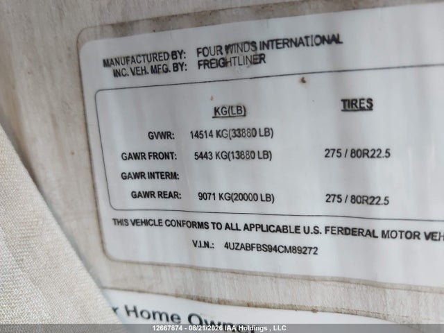 Aukcja sprzedaży 2004 Freightliner Chassis X Line Motor Home, vin: 4UZABFBS94CM89272, numer aukcji: 12667874