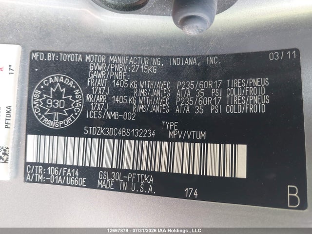 Aukcja sprzedaży 2011 Toyota Sienna, vin: 5TDZK3DC4BS132234, numer aukcji: 12667879