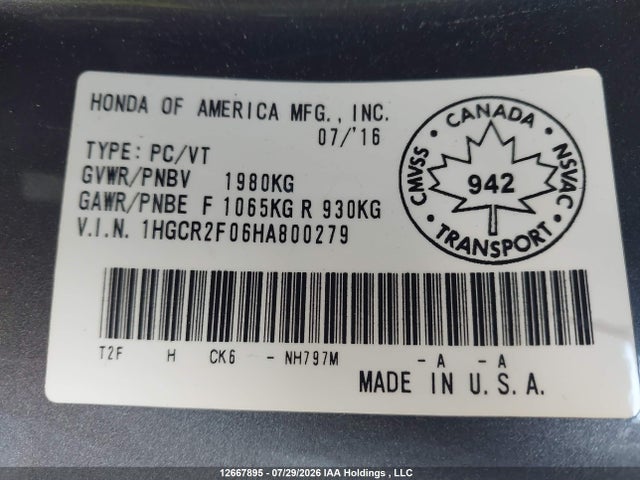 1HGCR2F06HA800279 Honda ACCORD EX