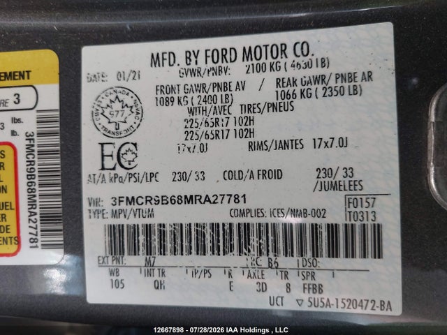 Aukcja sprzedaży 2021 Ford Bronco Sport Big Bend, vin: 3FMCR9B68MRA27781, numer aukcji: 12667898