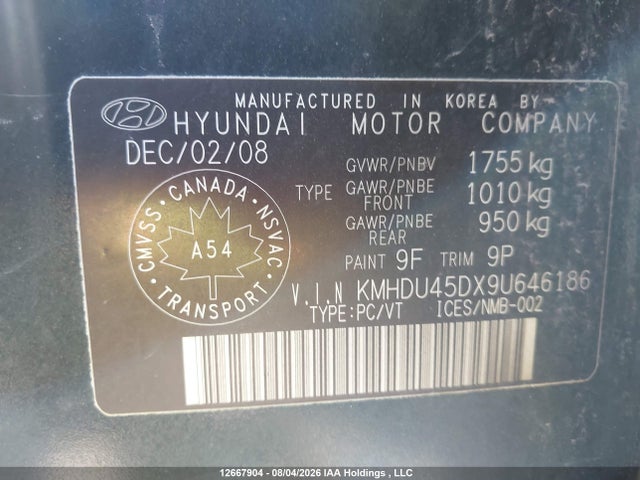 2009 Hyundai Elantra Gls/se მანქანა იყიდება აუქციონზე, vin: KMHDU45DX9U646186, აუქციონის ნომერი: 12667904