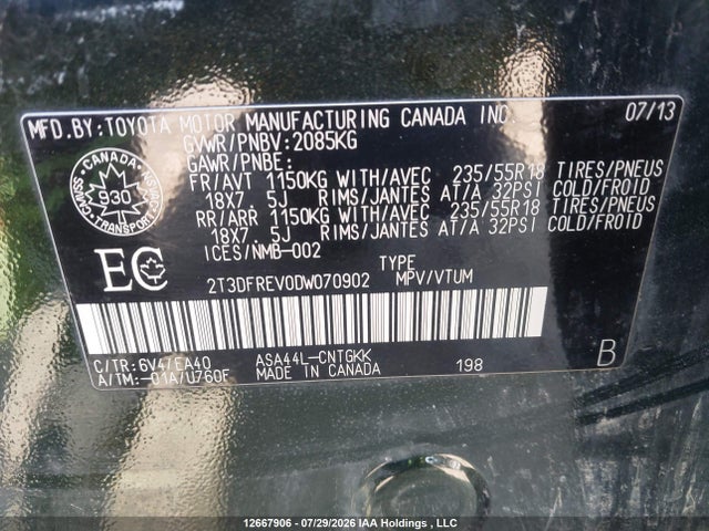 Продаж на аукціоні авто 2013 Toyota Rav4 Limited, vin: 2T3DFREV0DW070902, номер лоту: 12667906