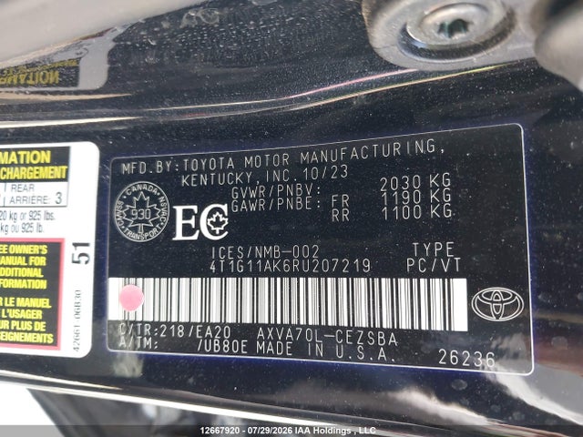 2024 Toyota Camry Se მანქანა იყიდება აუქციონზე, vin: 4T1G11AK6RU207219, აუქციონის ნომერი: 12667920