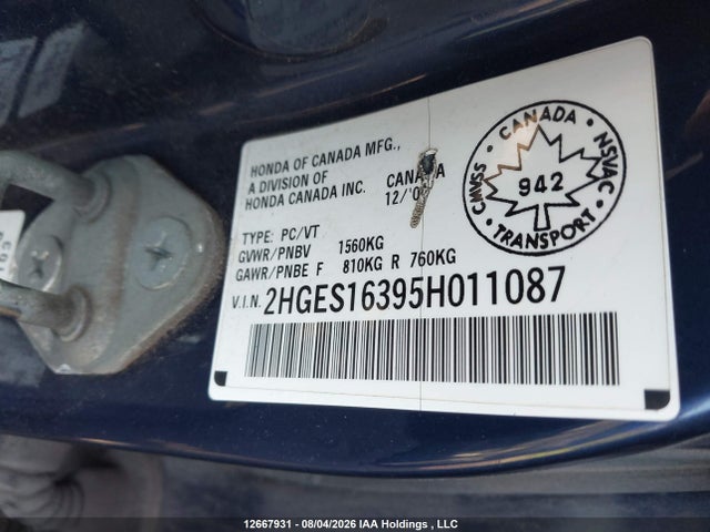 2005 Honda Civic Se მანქანა იყიდება აუქციონზე, vin: 2HGES16395H011087, აუქციონის ნომერი: 12667931