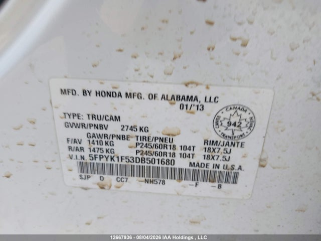 Продаж на аукціоні авто 2013 Honda Ridgeline Rtl, vin: 5FPYK1F53DB501680, номер лоту: 12667936