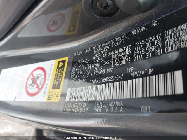 12667940 :رقم المزاد ، 5TDBK3EH9DS257647 vin ، 2013 Toyota Highlander V6 مزاد بيع