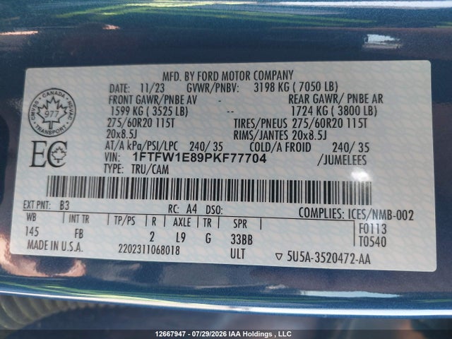 1FTFW1E89PKF77704 Ford F-150 Xlt