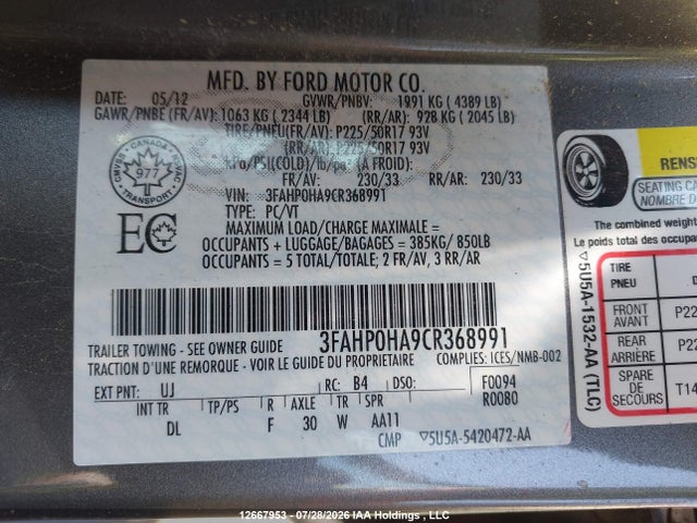 Продаж на аукціоні авто 2012 Ford Fusion Se, vin: 3FAHP0HA9CR368991, номер лоту: 12667953