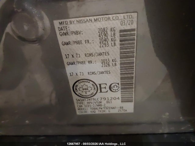 12667957 :رقم المزاد ، 5N1AT2MT9LC791204 vin ، 2020 Nissan Rogue S/sl/sv مزاد بيع