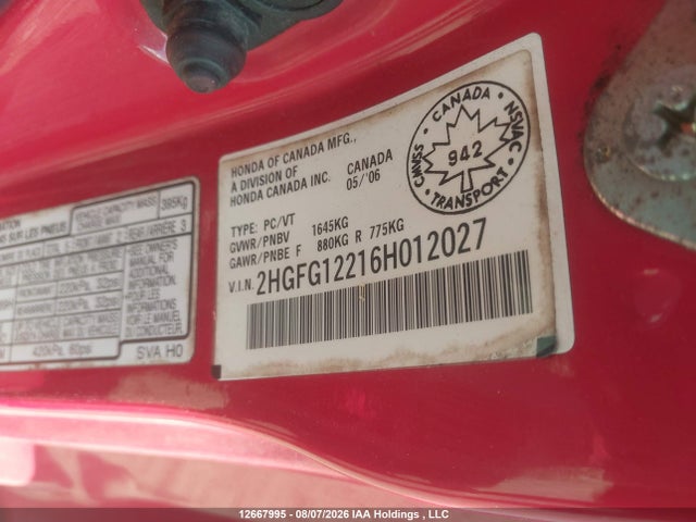 2006 Honda Civic Dx მანქანა იყიდება აუქციონზე, vin: 2HGFG12216H012027, აუქციონის ნომერი: 12667995