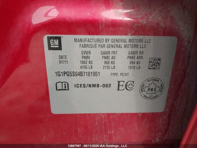 12667997 :رقم المزاد ، 1G1PG5S94B7181951 vin ، 2011 Chevrolet Cruze Lt Turbo مزاد بيع