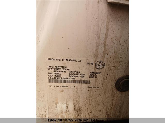 2016 Honda Pilot Touring მანქანა იყიდება აუქციონზე, vin: 5FNYF6H98GB511023, აუქციონის ნომერი: 12667998