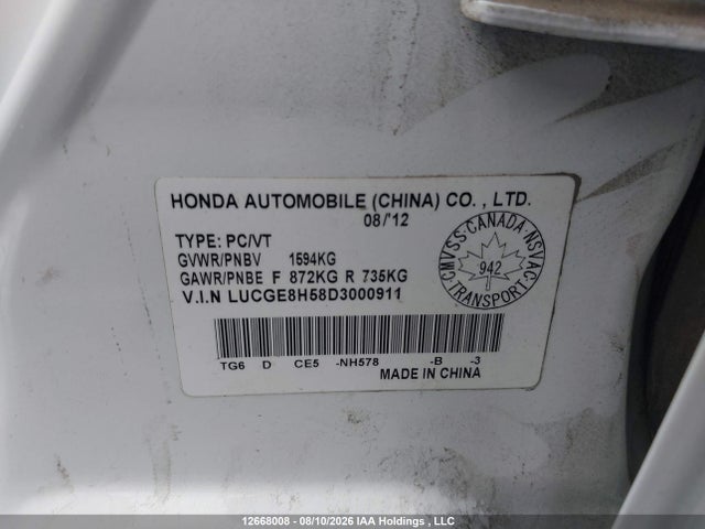 Продаж на аукціоні авто 2013 Honda Fit Lx, vin: LUCGE8H58D3000911, номер лоту: 12668008