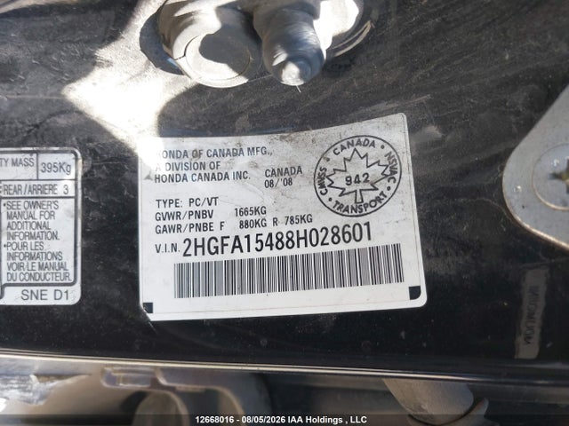12668016 :رقم المزاد ، 2HGFA15488H028601 vin ، 2008 Honda Civic مزاد بيع