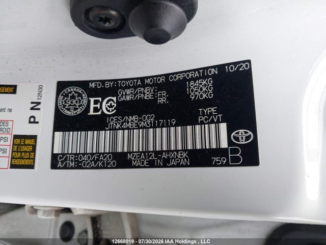 Продаж на аукціоні авто 2021 Toyota Corolla, vin: JTNK4MBE9M3117119, номер лоту: 12668019