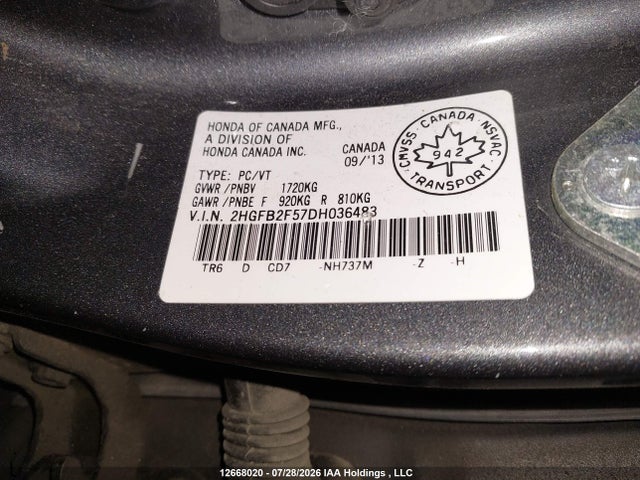Продаж на аукціоні авто 2013 Honda Civic, vin: 2HGFB2F57DH036483, номер лоту: 12668020