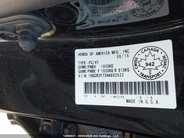 Honda Accord 2017 1HGCR2F75HA802523 Image 9