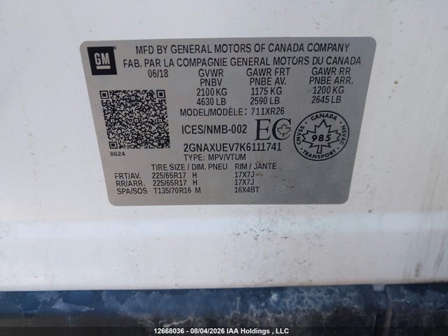 Продаж на аукціоні авто 2019 Chevrolet Equinox 1lt, vin: 2GNAXUEV7K6111741, номер лоту: 12668036
