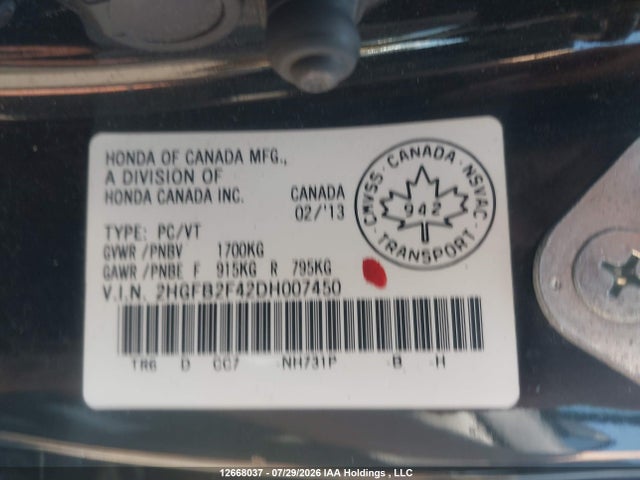Продаж на аукціоні авто 2013 Honda Civic Lx, vin: 2HGFB2F42DH007450, номер лоту: 12668037