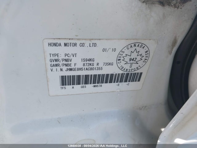 Продаж на аукціоні авто 2010 Honda Fit Lx, vin: JHMGE8H51AC801355, номер лоту: 12668038