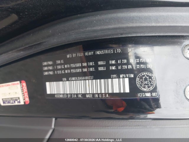 2010 Subaru Tribeca Limited 7-passenger მანქანა იყიდება აუქციონზე, vin: 4S4WX9JD4A4400337, აუქციონის ნომერი: 12668042