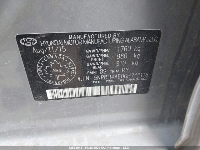 2016 Hyundai Elantra მანქანა იყიდება აუქციონზე, vin: 5NPDH4AE0GH742116, აუქციონის ნომერი: 12668045