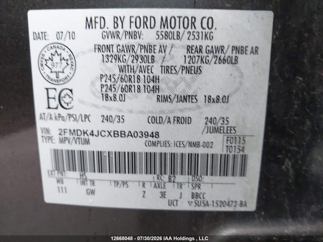 12668048 :رقم المزاد ، 2FMDK4JCXBBA03948 vin ، 2011 Ford Edge مزاد بيع
