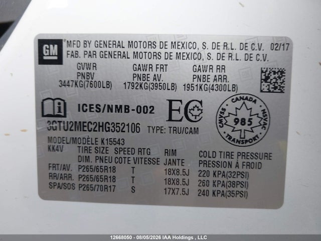 12668050 :رقم المزاد ، 3GTU2MEC2HG352106 vin ، 2017 Gmc Sierra K1500 Sle مزاد بيع