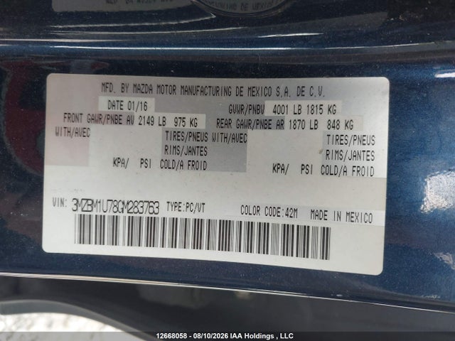 Aukcja sprzedaży 2016 Mazda Mazda3 G/gx, vin: 3MZBM1U78GM283763, numer aukcji: 12668058