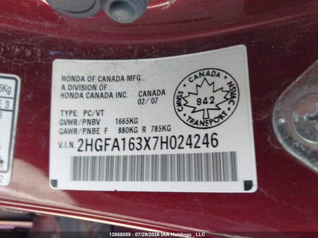 12668059 :رقم المزاد ، 2HGFA163X7H024246 vin ، 2007 Honda Civic Dx-g مزاد بيع