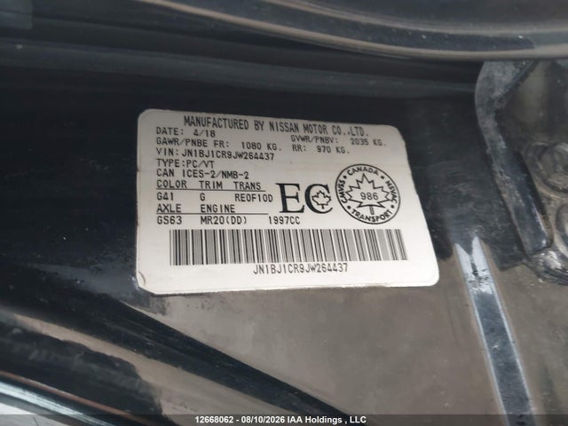 12668062 :رقم المزاد ، JN1BJ1CR9JW264437 vin ، 2018 Nissan Qashqai S/sl/sv مزاد بيع