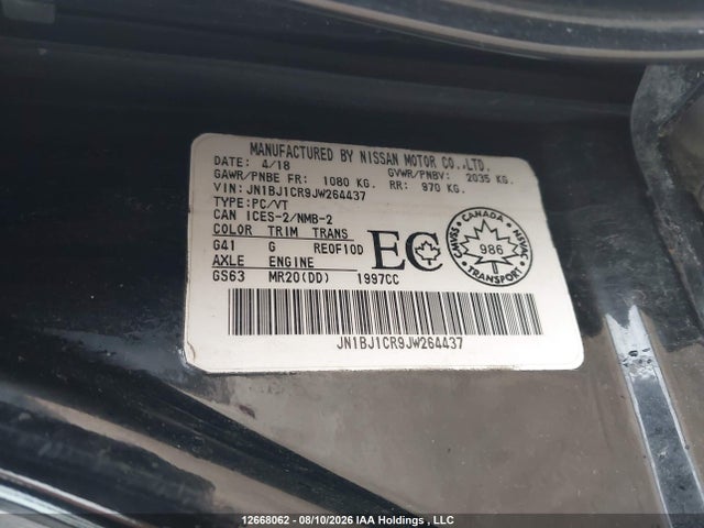 12668062 :رقم المزاد ، JN1BJ1CR9JW264437 vin ، 2018 Nissan Qashqai S/sl/sv مزاد بيع