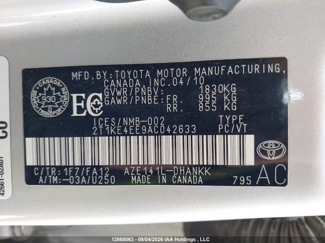 2010 Toyota Matrix Xr მანქანა იყიდება აუქციონზე, vin: 2T1KE4EE9AC042633, აუქციონის ნომერი: 12668063