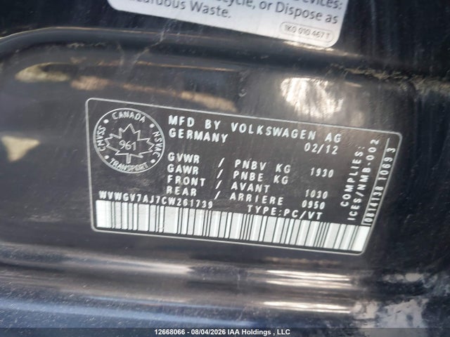 Aukcja sprzedaży 2012 Volkswagen Gti, vin: WVWGV7AJ7CW261739, numer aukcji: 12668066