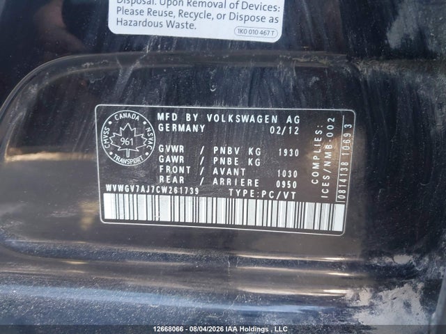 Aukcja sprzedaży 2012 Volkswagen Gti, vin: WVWGV7AJ7CW261739, numer aukcji: 12668066