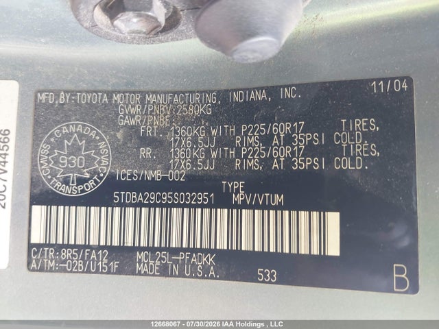 2005 Toyota Sienna Ce მანქანა იყიდება აუქციონზე, vin: 5TDBA29C95S032951, აუქციონის ნომერი: 12668067