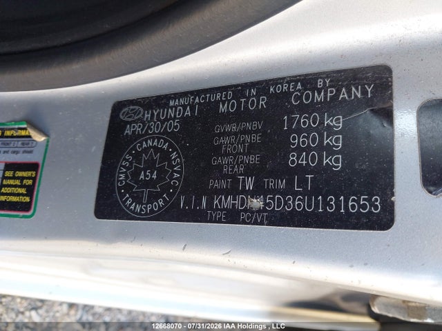 Aukcja sprzedaży 2006 Hyundai Elantra Se/ve, vin: KMHDN45D36U131653, numer aukcji: 12668070