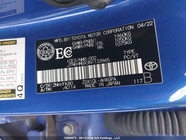 Продаж на аукціоні авто 2022 Toyota C-hr Xle Premium, vin: JTNKHMBX3N1133965, номер лоту: 12668072