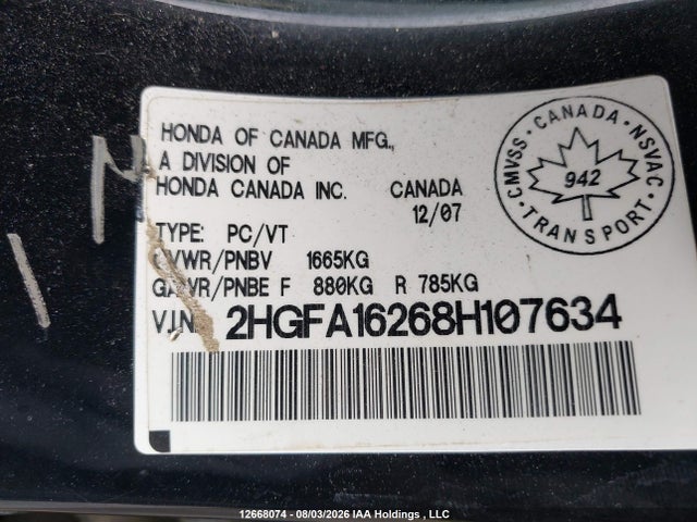 12668074 :رقم المزاد ، 2HGFA16268H107634 vin ، 2008 Honda Civic مزاد بيع