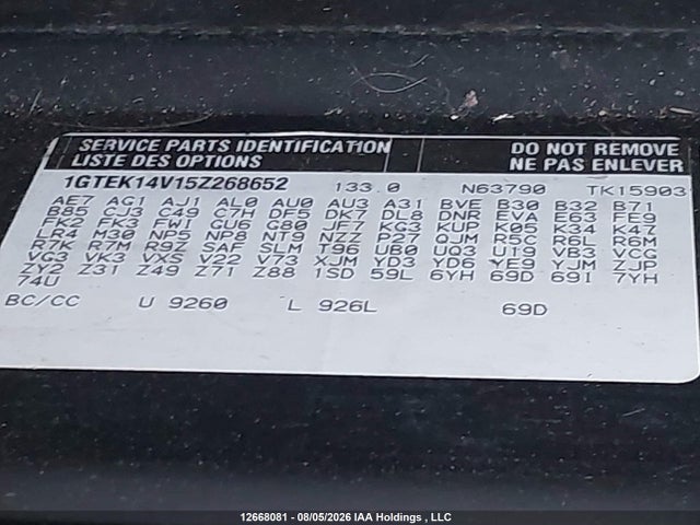 Aukcja sprzedaży 2005 Gmc New Sierra K1500, vin: 1GTEK14V15Z268652, numer aukcji: 12668081