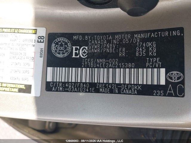 2010 Toyota Corolla Ce მანქანა იყიდება აუქციონზე, vin: 2T1BU4EE2AC215380, აუქციონის ნომერი: 12668083