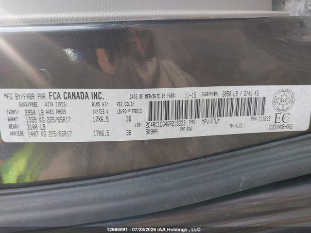 Aukcja sprzedaży 2016 Chrysler Town & Country Touring-l, vin: 2C4RC1CG4GR215233, numer aukcji: 12668091