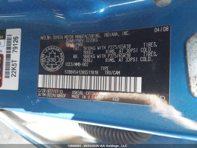 Продаж на аукціоні авто 2008 Toyota Tundra Sr5 5.7l V8, vin: 5TBBV54128S511818, номер лоту: 12668093