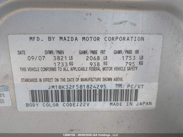 12668100 :رقم المزاد ، JM1BK32F581824295 vin ، 2008 Mazda Mazda3 Gs/gx مزاد بيع