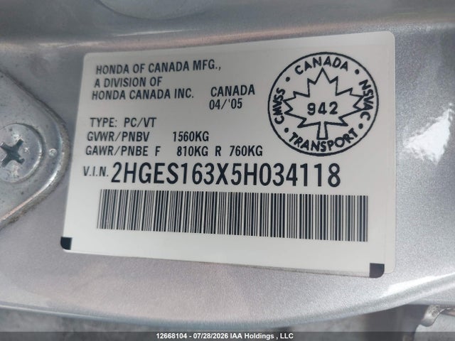 2005 Honda Civic Dx Vp მანქანა იყიდება აუქციონზე, vin: 2HGES163X5H034118, აუქციონის ნომერი: 12668104