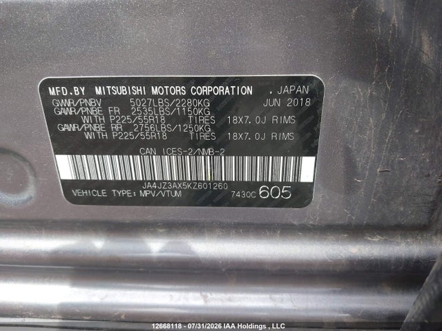 Продаж на аукціоні авто 2019 Mitsubishi Outlander Se/se Black Edition, vin: JA4JZ3AX5KZ601260, номер лоту: 12668118