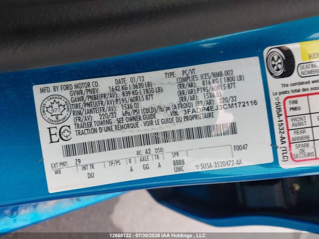 Продажа на аукционе авто 2012 Ford Fiesta Se, vin: 3FADP4EJ3CM172116, номер лота: 12668122
