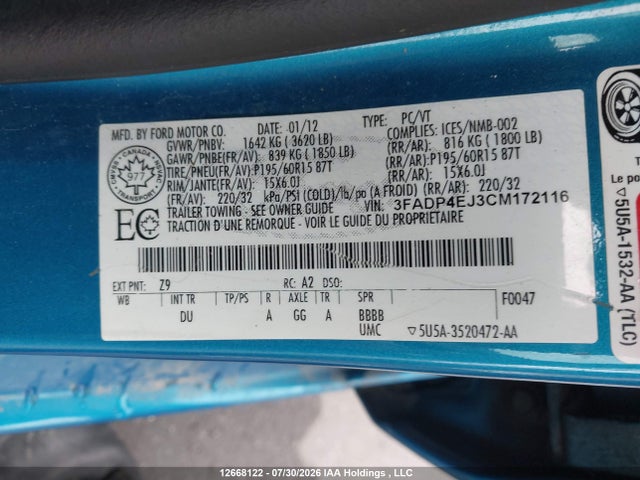 Продажа на аукционе авто 2012 Ford Fiesta Se, vin: 3FADP4EJ3CM172116, номер лота: 12668122