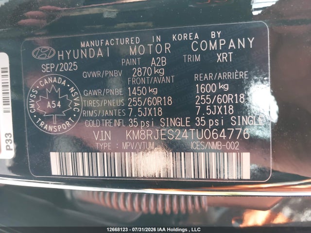 2026 Hyundai Palisade Xrt Pro მანქანა იყიდება აუქციონზე, vin: KM8RJES24TU064776, აუქციონის ნომერი: 12668123